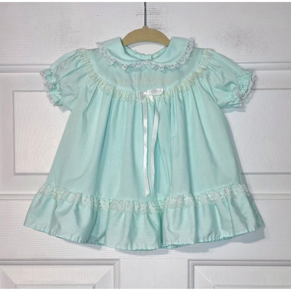 Vintage Alexis Baby Girl Dress Mint Aqua Lace Trim 3 Months Made in USA